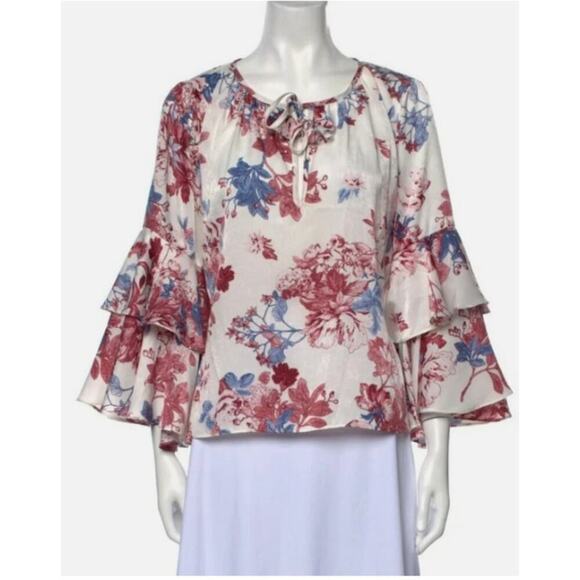 Misa Los Angeles Womens Leona Top Small White Floral Bell Sleeve Boho Romantic - Picture 2 of 12